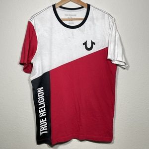 True Religion Red White Black Mesh Color Block Crewneck T Shirt Men Size Medium